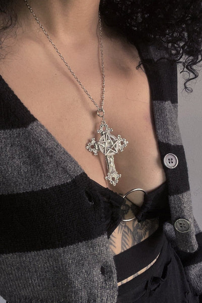 Pentagram On Cross Necklace - Love Too True